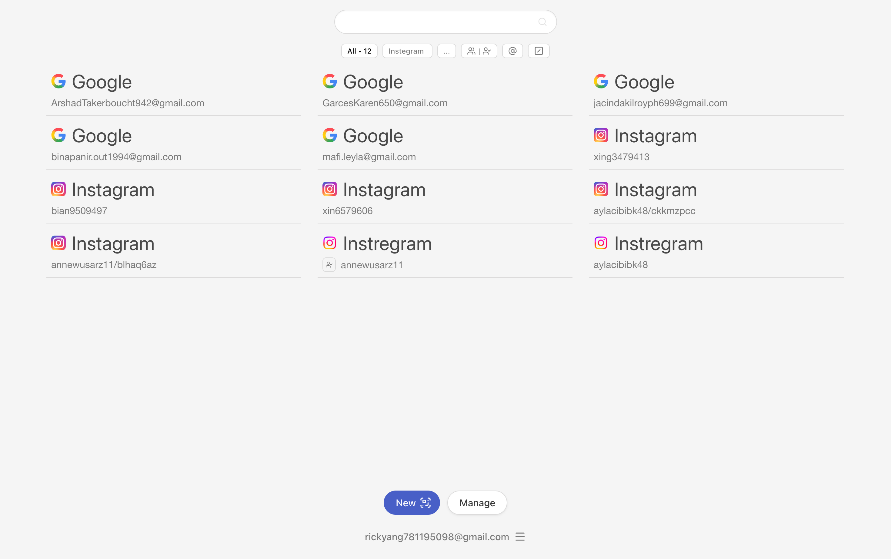 PrivateAuth 账号管理界面，展示 Google 与 Instagram 账号列表、搜索和筛选功能